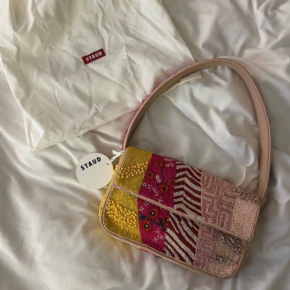 βSOLDβ STAUD Limited Edition Pink Patchwork Beaded Tommy Bag - Picture 8 of 14
